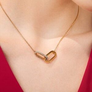 Gold Plated Stainless Steel Link Pendant Necklace with Cubic Zirconia